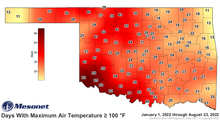Oklahoma days with maximum air temperatures over 100 F