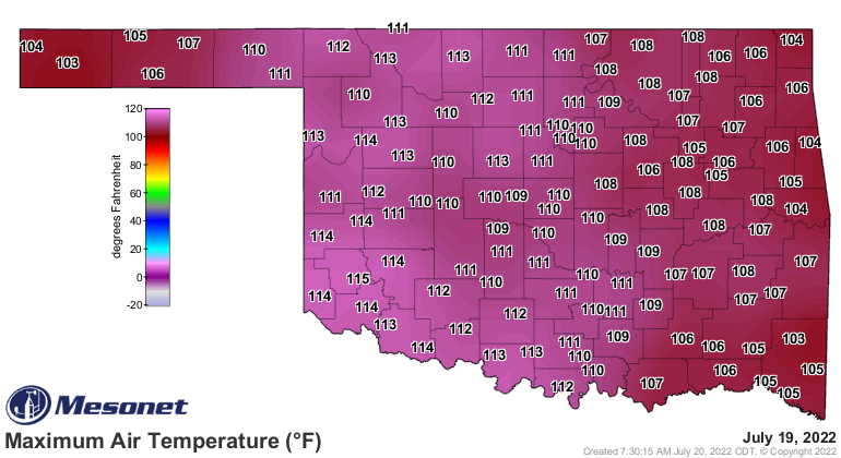 Maximum air temperatures on July 19, 2022 for Oklahoma.