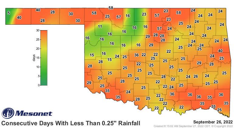 Many stations throughout Oklahoma have gone nearly a month or more with less than 0.25 inch of rainfall.