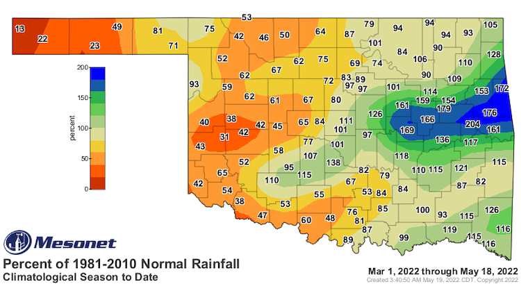 Percent of 1981-2020 normal precipitation across Oklahoma for March 1-May 18. The western half of Oklahoma has seen precipitation deficits, while parts of eastern Oklahoma have seen above-normal precipitation. 
