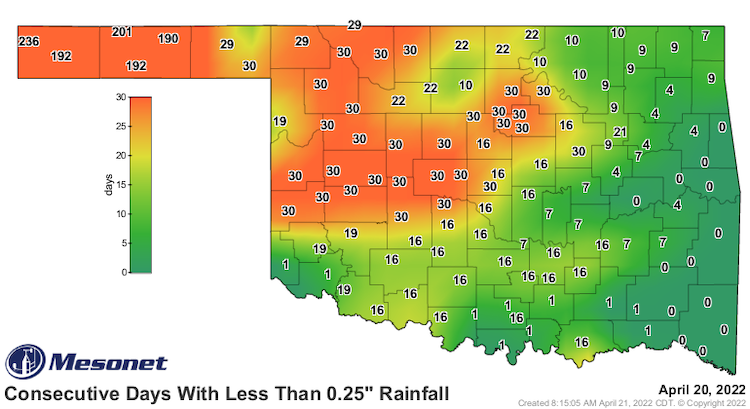 Map of Oklahoma showing the number of consecutive days with less than 0.25 inches of rainfall, as of April 20, 2022. Areas in the Oklahoma Panhandle have gone since late August since seeing at least a quarter-inch of rainfall in a single day.