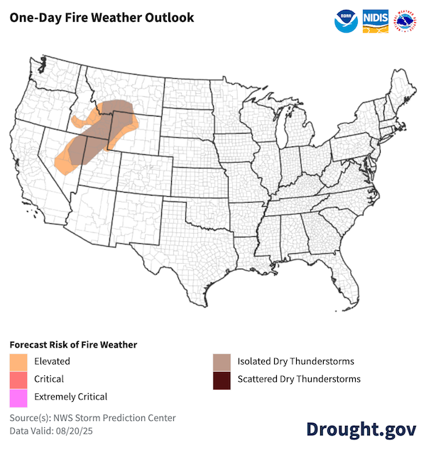 Elevated risk of fire weather conditions and/or isolated dry thunderstorms are forecast in much of Nevada and parts of Montana, Idaho, Wyoming, and Utah.