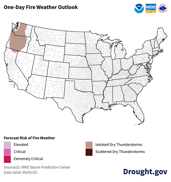  Isolated dry thunderstorms are predicted in Oregon and Washington. There is no other fire weather forecast for tomorrow. 