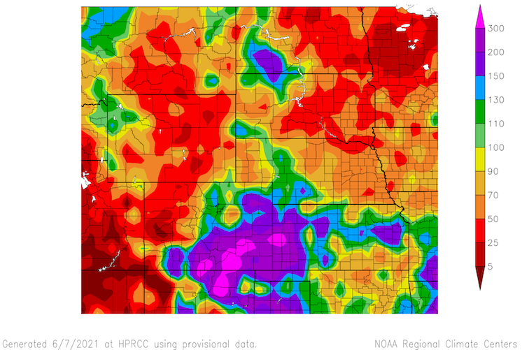 30-day percent of normal precipitation for the Northern Plains, showing conditions from May8 to June 6, 2021.