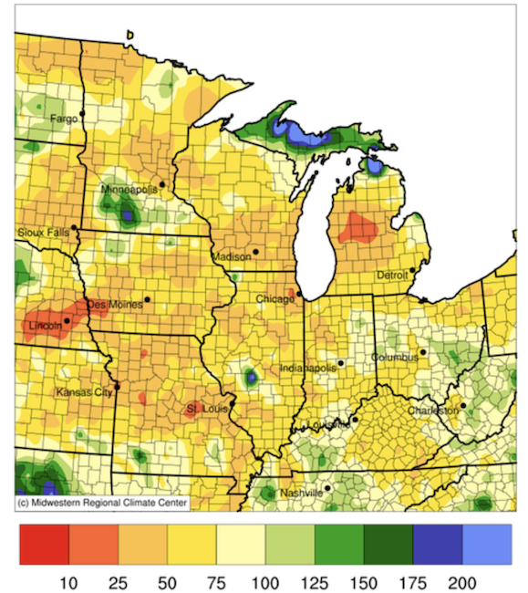 A majority of the Midwest has experienced below-normal precipitation in the past 30 days.