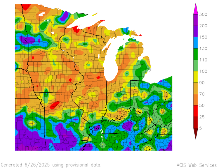 Precipitation over the last two months (since April 27) was below normal across much of Iowa, northern Missouri, northern Illinois, Wisconsin, and portions of Minnesota and Michigan.