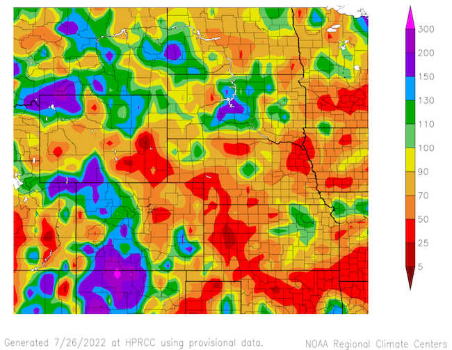 From May 27 to July 25, much of the Missouri River Basin experienced below-normal rainfall.