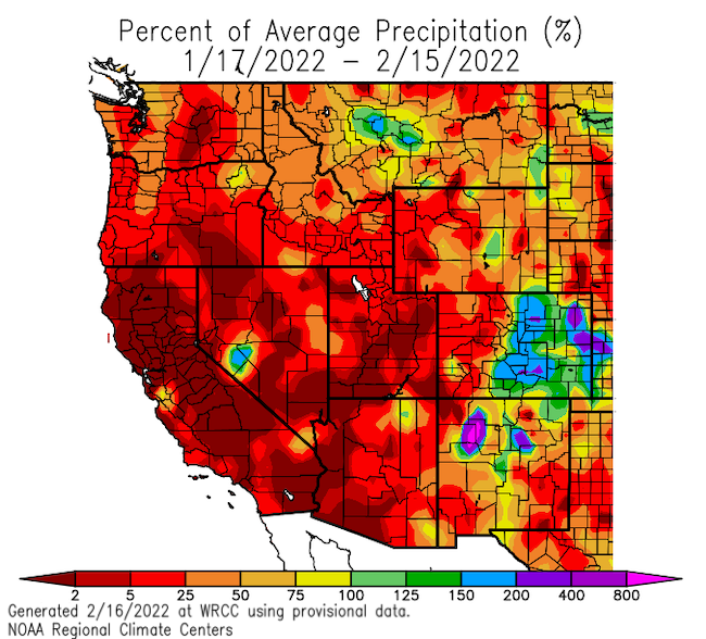 Percent of normal precipitation for the western U.S. from January 17 to February 15, 2022. The last 30+ days have been dry across most of the western U.S.