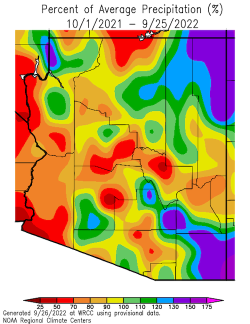 From October 1 to September 25, Cochise and Apache counties received above-average precipitation, while Mohave, La Paz, and Yuma counties and areas along the Mogollon Rim were below average.