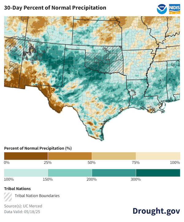During late April and early May, precipitation was above normal across most of the Southern Plains region, with areas of below-normal precipitation including the Big Bend of the Rio Grande, east-central Kansas, and along the Kansas-Nebraska state line.