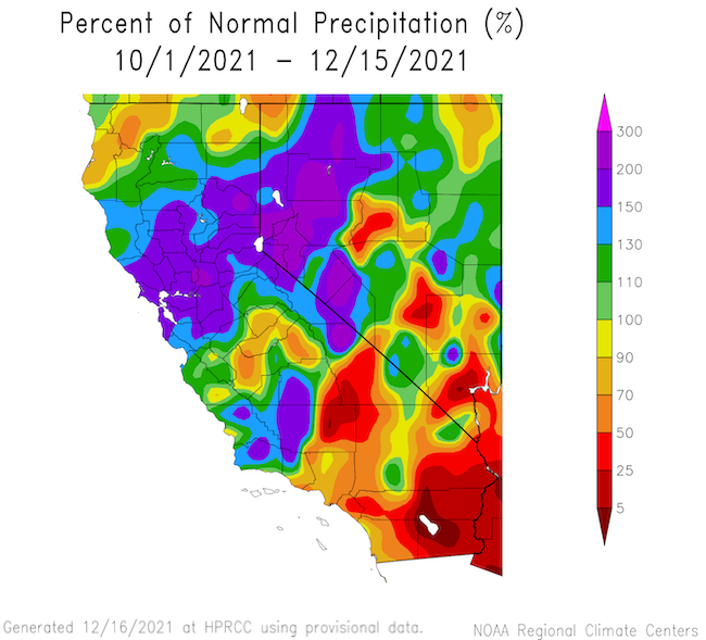 The image shows the percent of normal precipitation for California and Nevada over 10/1/2021 - 1/4/2022. Southeast California and Nevada remain with less than normal precipitation, but the rest of California and Nevada show normal precipitation.