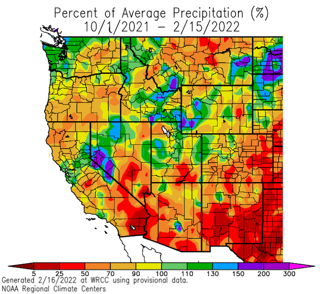 Percent of normal precipitation for the western U.S. from October 1, 2021 to February 15, 2022. Parts of the Sierra Nevada and Washington remain above average for precipitation for the year.