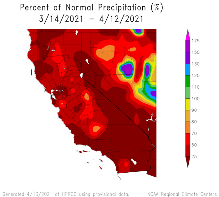 Percent of normal precipitation for California and Nevada through April 12, 2021.   For the past 30 days (left image), CA-NV has been extremely below normal precipitation/