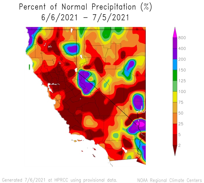 Percent of normal precipitation for California and Nevada over the past 30 days, through 7/5/2021. CA-NV has been extremely below normal precipitation continuing the trend since the start of the water year. The exception being parts of the central Sierra and southern Nevada over the past 30 days.