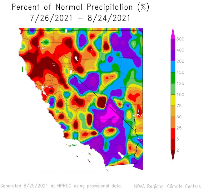 Percent of normal precipitation for California and Nevada over the past 30 days, through August 24, 2021. Over the past 30 days, parts of S. CA and NV have received beneficial rains. 