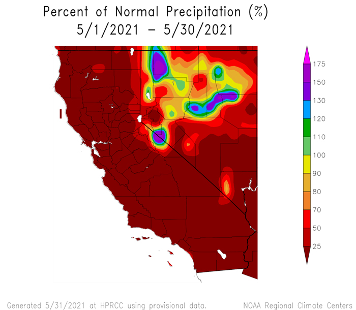 Percent of normal precipitation for California and Nevada for May 1-30, 2021. CA-NV has been extremely below normal precipitation. The exception being parts of northern and central Nevada over the past 30 days.