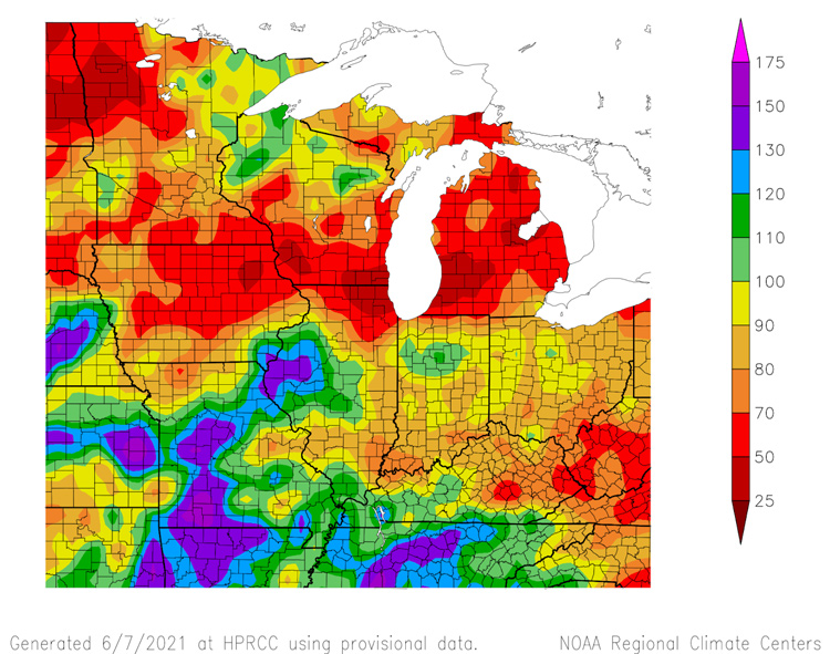 Percent of normal precipitation for the Midwest over the past 90 days (March 9-June 6, 2021). Parts of the Upper Midwest saw significantly below normal precipitation