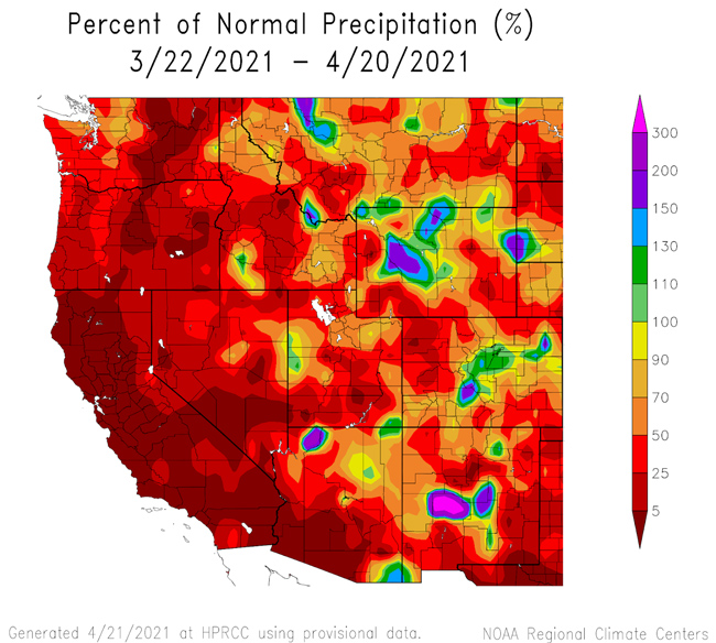 30-day percent of normal precipitation for the Western U.S. through April 20, 2021.  The accumulated precipitation was small compared to the average for this time of year.