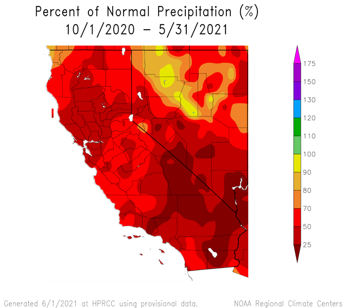 Percent of normal precipitation for California and Nevada for water year 2021, from October 1, 2020 to May 30, 2021. CA-NV has been extremely below normal precipitation, continuing the trend since the start of the water year.