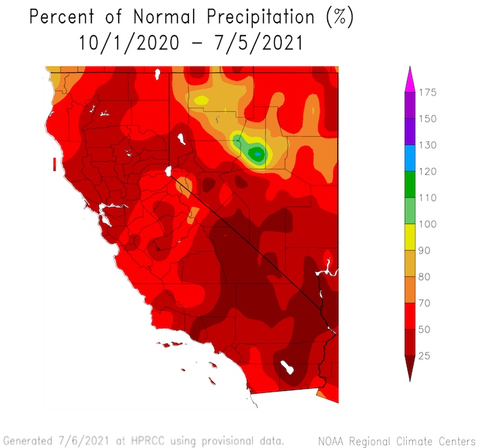 Percent of normal precipitation for California and Nevada for the Water Year to date, from October 1, 2020 to July 5, 2021. CA-NV has been extremely below normal precipitation continuing the trend since the start of the water year.