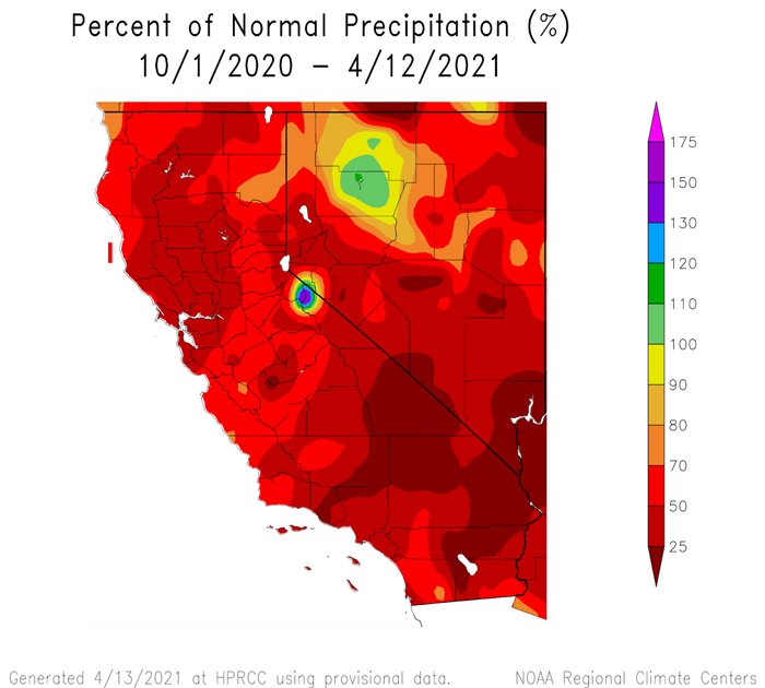 Percent of normal precipitation for California and Nevada through April 12, 2021. Since the start of the Water Year on October 1, 2020, CA-NV has seen extremely below normal precipitation.
