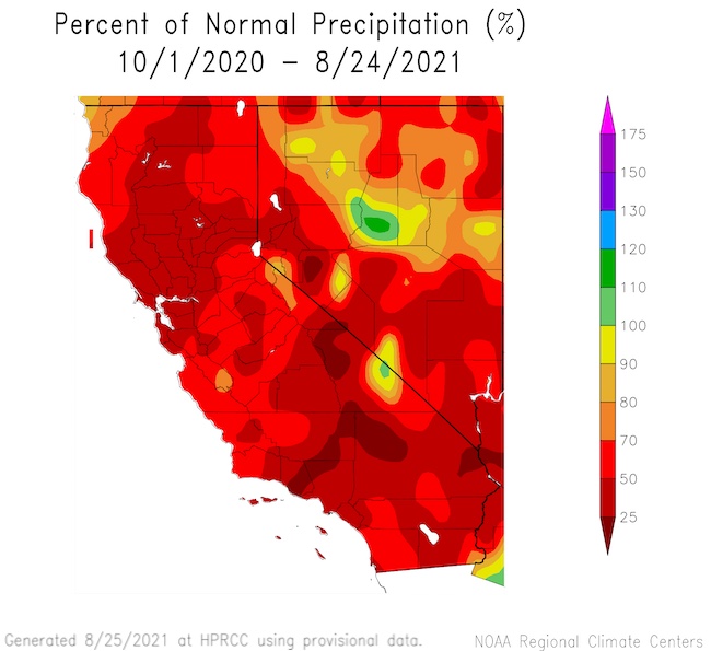 Percent of normal precipitation for California and Nevada for the Water Year to date, from October 1, 2020 to August 24, 2021. CA-NV has been extremely below normal precipitation since the start of the water year.