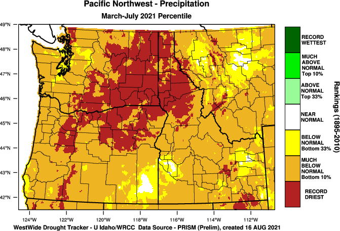Map of Washington, Oregon, Idaho and western Montana shows March through July precipitation for the majority of the region is much below normal with record driest in eastern WA, northeastern OR and northern ID compared to the period from 1895-2010.  
