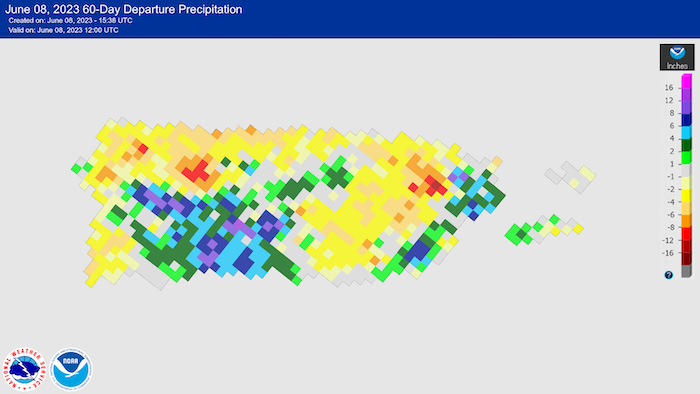 60-day rainfall deficits across northwest Puerto Rico and parts of the eastern interior are ranging between 2 and 6 inches with isolated amounts of up to 8 inches.