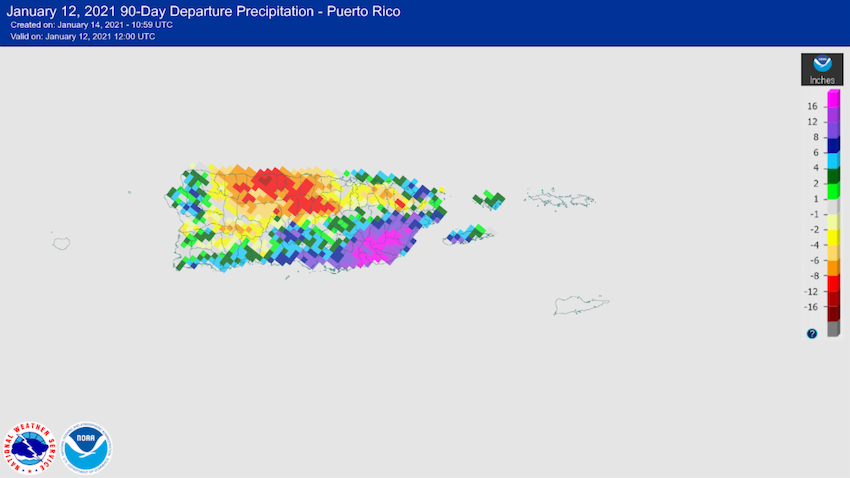 90-day departure from normal precipitation for Puerto Rico, showing rainfall deficits across the interior and north central Puerto Rico.
