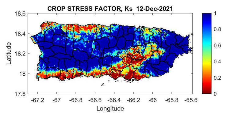 Crop stress factor for Puerto Rico as of December 12, 2021. Crop Stress Coefficient: 1=No Stress, 0=Extreme Stress.