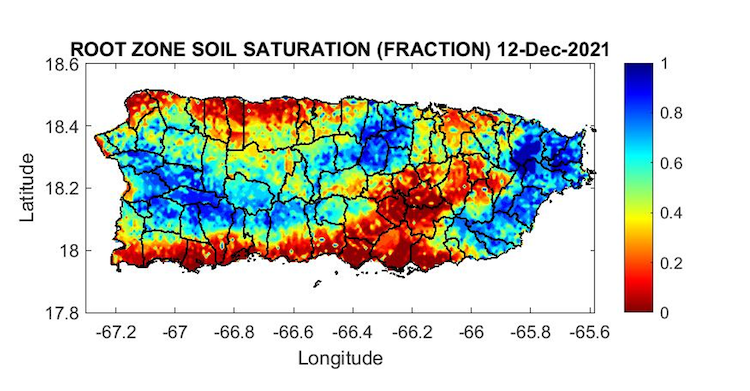 Root zone soil saturation for Puerto Rico, as of December 12, 2021. The Year to Date rainfall deficits across Puerto Rico have exceeded 15” across portions of the south coast of Puerto Rico and the northwest coast and east central interior.