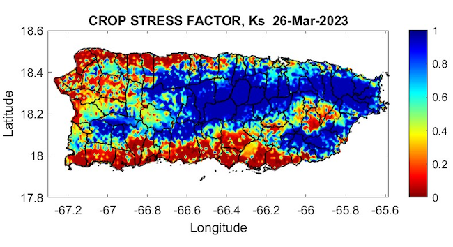 The highest crop stress in Puerto Rico is currently observed in the northwest quadrant of the island, as well as in the southern slopes.