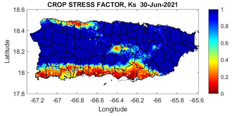 Crop stress factor for Puerto Rico as of June 30, 2021. Crop Stress Coefficient: 1=No Stress, 0=Extreme Stress.