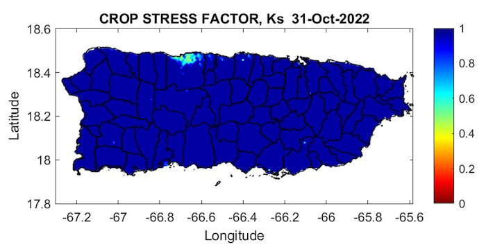 Most of Puerto Rico is experiencing little to no crop stress, as of October 31, 2022.