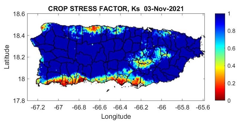 Crop stress factor for Puerto Rico as of November 3, 2021. Crop Stress Coefficient: 1=No Stress, 0=Extreme Stress.