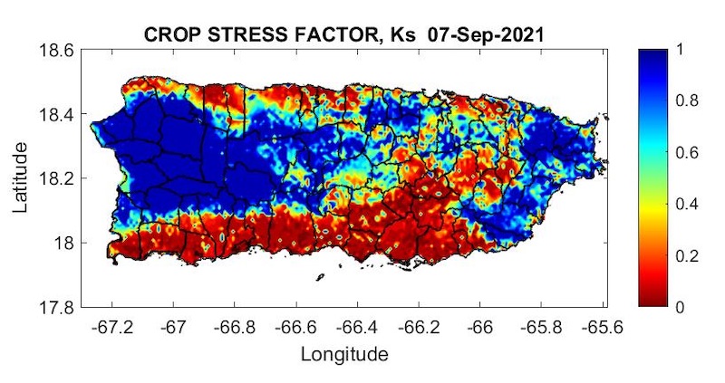 Crop stress factor for Puerto Rico as of September 7, 2021. Crop Stress Coefficient: 1=No Stress, 0=Extreme Stress.