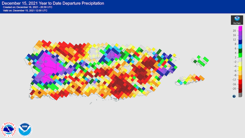 Year-to-date departure from normal precipitation for Puerto Rico, through December 15, 2021.