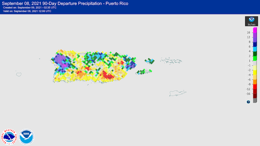 90-day departure from normal precipitation for Puerto Rico, through September 8, 2021.