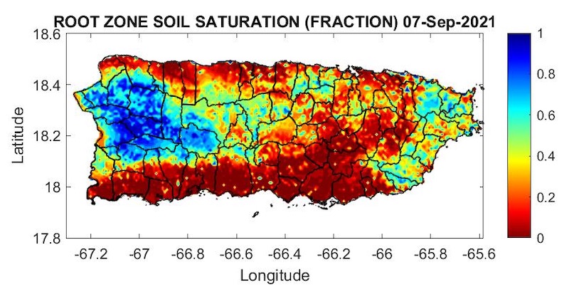 Root zone soil saturation for Puerto Rico, as of September 7, 2021. Dry soils are present  across southern Puerto Rico as well as a few spots across the eastern interior and the northern coast of the island.