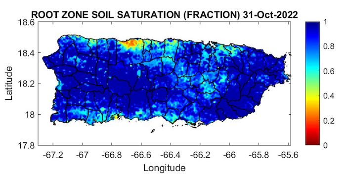 Root zone soil saturation is high across Puerto Rico, as of October 31.