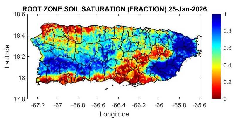 Este mapa muestra suelos más secos de lo normal a lo largo del interior oriental, desde Juncos y Gurabo hacia el suroeste hasta Coamo, y en todas las llanuras del sur, desde Cabo Rojo hasta partes de Patillas. También se observan suelos secos en el noroeste, desde Aguada hasta Arecibo. Por el contrario, actualmente se observan suelos húmedos en el este, desde partes de Patillas hacia Río Grande, y en el oeste, desde el norte de Ponce hacia el norte de Cabo Rojo.
