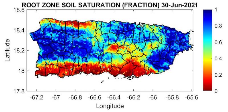 Root zone soil saturation for Puerto Rico, as of June 30, 2021. Soil saturation: 1=Saturated. dry soils are present across southern Puerto Rico and parts of  the eastern interior and northwest Puerto Rico