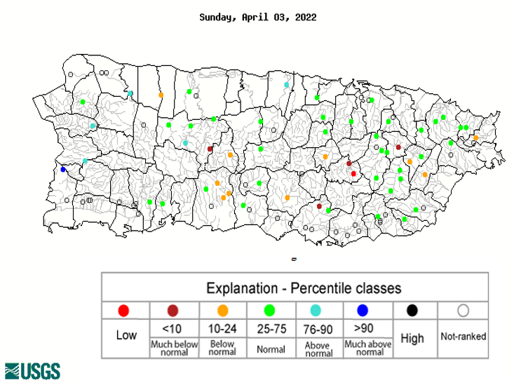 28-day average streamflow conditions across Puerto Rico, according to U.S. Geological Survey streamgages.