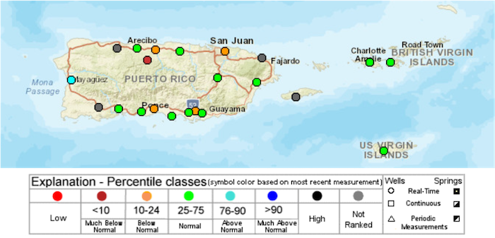 Groundwater levels for the U.S. Virgin Islands and Puerto Rico. Most wells are at normal levels except for a few outliers across south and north-central Puerto Rico.