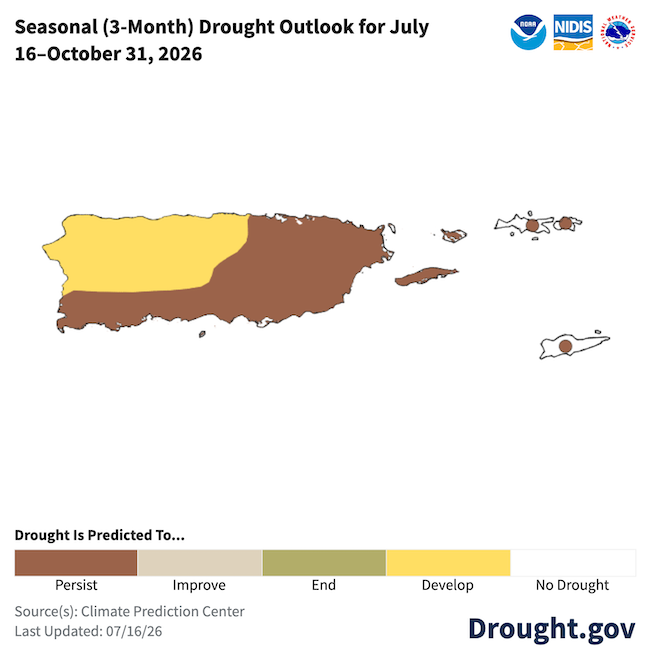 This map shows that drought is expected to persist in the U.S. Virgin Islands and the south and southeast Puerto Rico over the next three months. Drought is forecast to develop across the remainder of Puerto Rico.