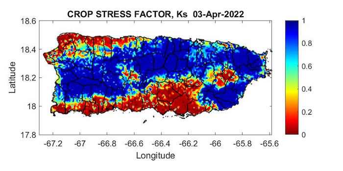 Crop stress factor for Puerto Rico as of April 3, 2022. Crop Stress Coefficient: 1=No Stress, 0=Extreme Stress.