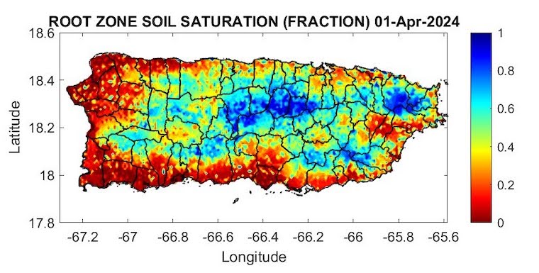 The driest soils are focused in the northwest quadrant and also the southern plains. Some dryness is also observed along the east and in the vicinity of the San Juan metro area. 