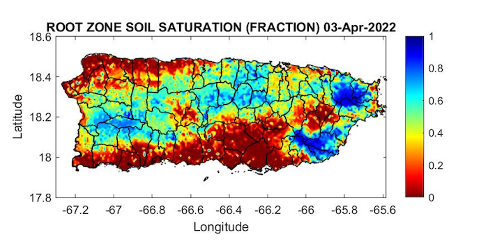 Root zone soil saturation across Puerto Rico as of April 3, 2022. 