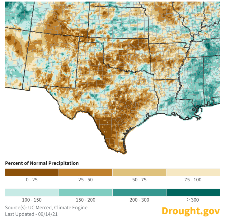 30-day percent of normal precipitation for the Southern Plains through September 14, 2021.