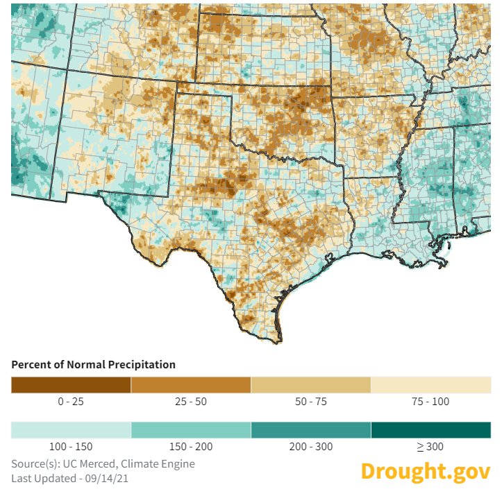 60-day percent of normal precipitation for the Southern Plains through September 14, 2021.